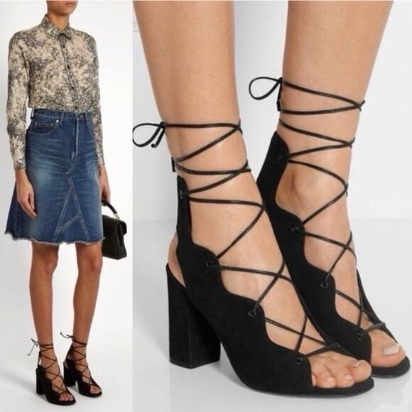 Saint Laurent Babies Black Suede Lace Up Block Heel Sandals Size 37 - Picture 1 of 16